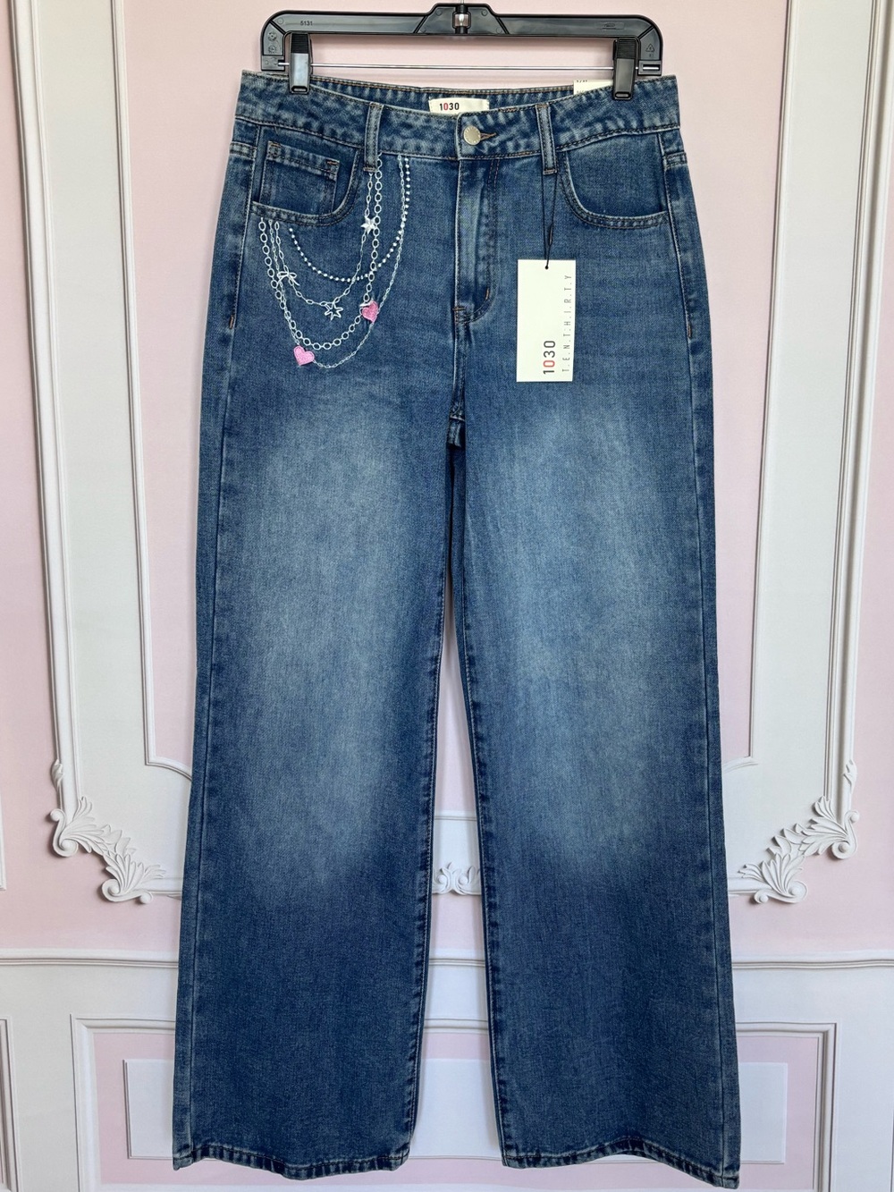 1030 TenThirty Mid Rise Relaxed Baggy Wide Leg Embroidered Blue Jeans--NWT--27 - Picture 12 of 16